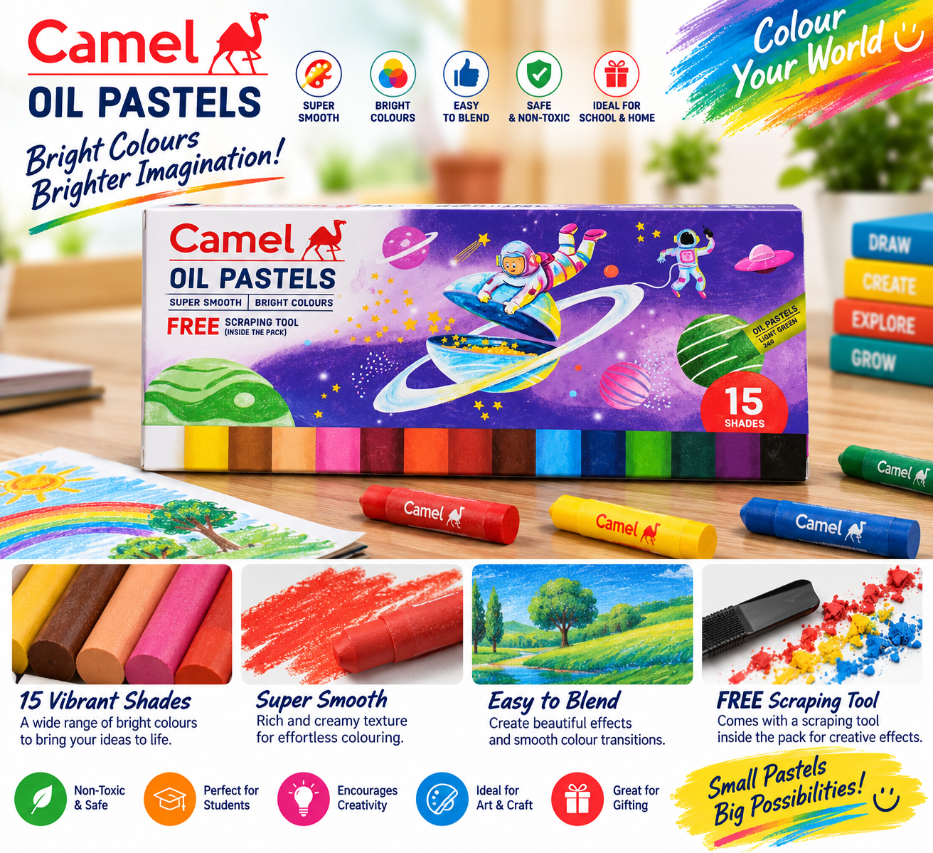 Camel Oil Pastels 15 shades with free scraping tool